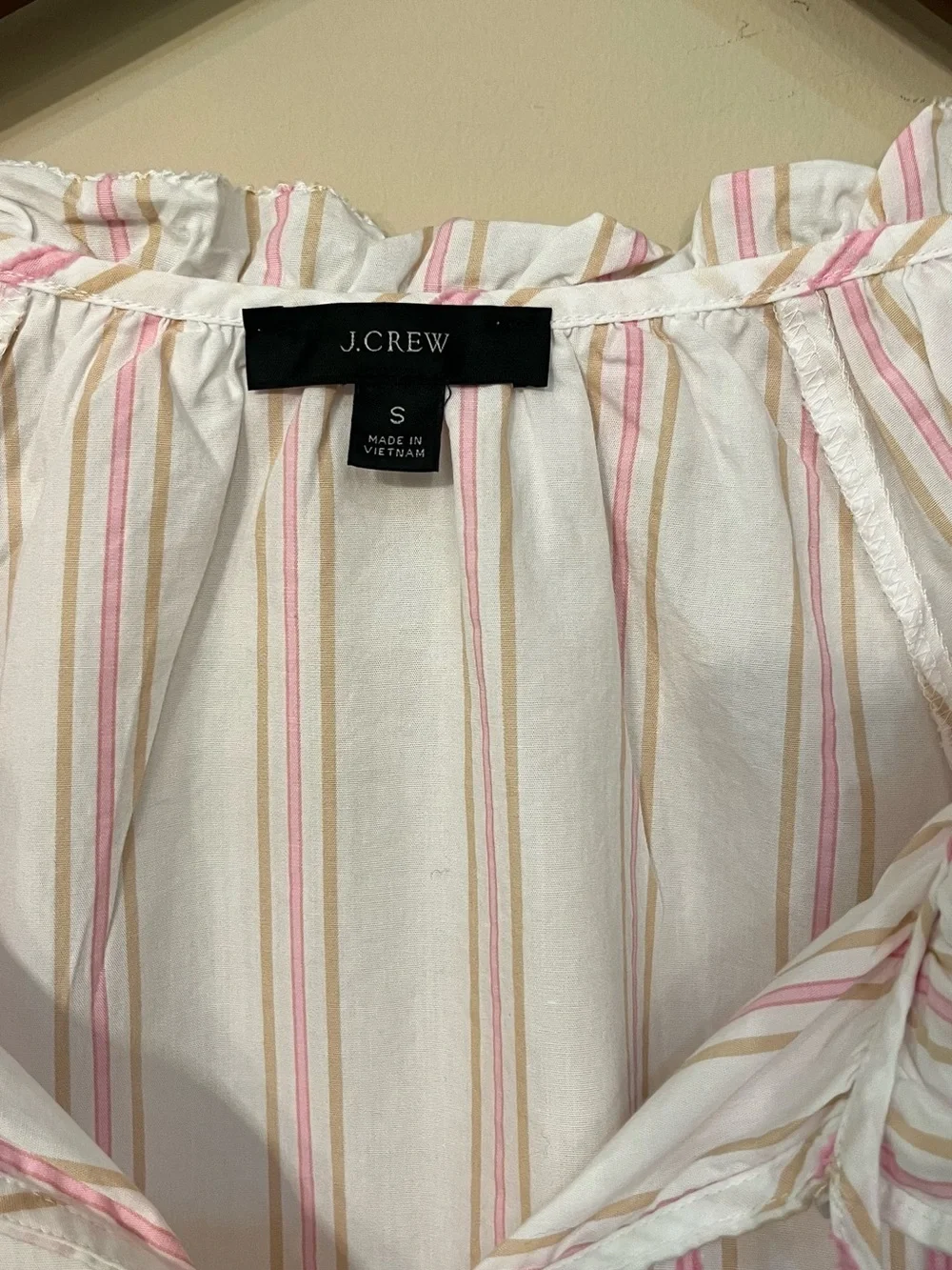 J Crew striped ruffle neck cotton long sleeve blouse split v-neck pink white S